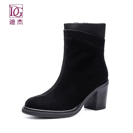 DG迪杰女靴子冬季新款羊皮绒面粗跟短靴欧美休闲黑色短筒靴图片