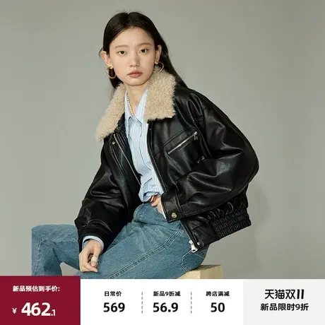 omont蛋挞家 复古机车羽绒服女2023冬季新款90白鸭绒短款皮外套商品大图