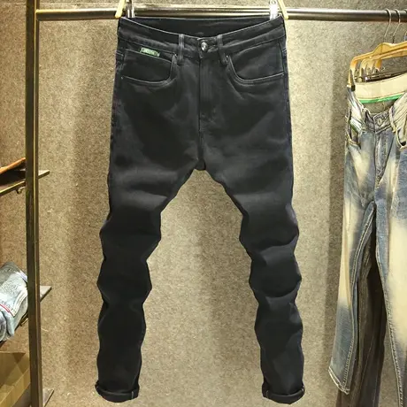 秋冬款纯黑色牛仔裤男修身小脚弹力长裤潮牌小刺绣百搭舒适小黑裤商品大图