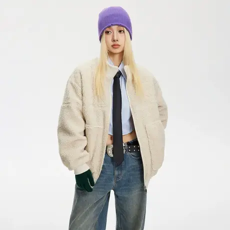 美式街头风羊羔毛棉服女冬季夹棉棒球服外套2023新款复古宽松棉衣商品大图