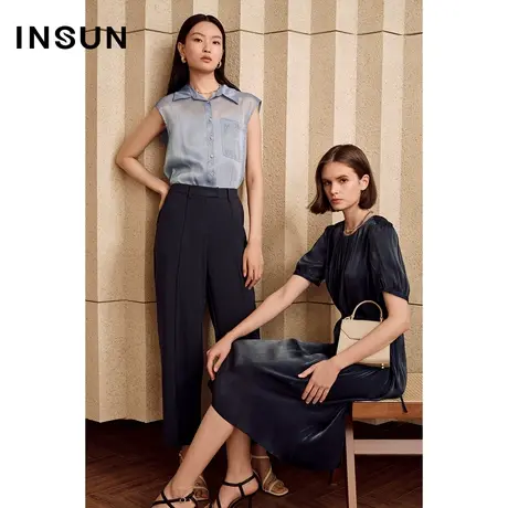 恩裳商场同款夏季时尚两件式设计光泽感流行冰紫蓝衬衫女商品大图