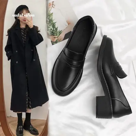单鞋女2023秋冬新款中跟粗跟小皮鞋赫本风百搭黑色工作软皮乐福鞋商品大图