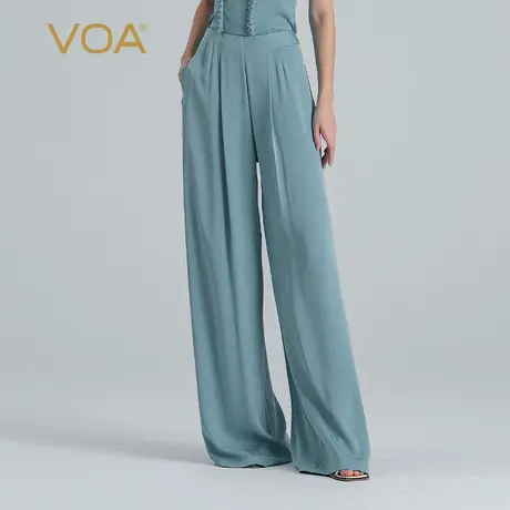 VOA冰蓝40姆米双面乔重磅桑蚕丝自然腰侧口袋简约真丝阔腿长裤女商品大图