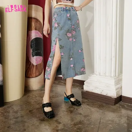 妖精的口袋印花开叉牛仔半身裙女2024春季新款高腰a字显瘦中长款图片