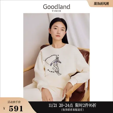 [赫本猫联名]Goodland美地女装2023冬季滑雪印花针织衫卫衣商品大图