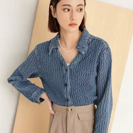 桔熊秋冬季休闲小外套立体肌理感牛仔翻领衬衫上衣女大码AB17722商品大图