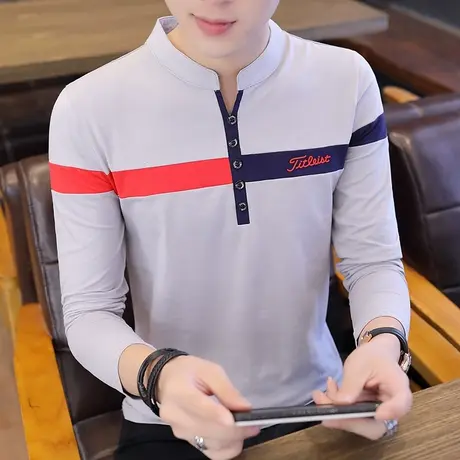 港士博纯棉男士长袖t恤秋季V领打底衫潮流韩版修身男装秋衣体恤衫商品大图