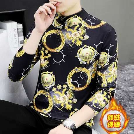 长袖t恤男士半高领秋冬季加绒保暖卫衣德绒潮流印花内搭打底衫潮图片