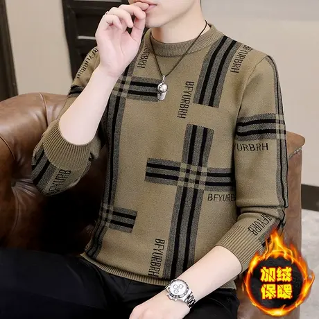 秋冬季毛衣男士圆领潮牌针织打底衫冬款男装加绒加厚羊毛衫毛线衣商品大图