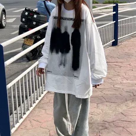 大码遮肉t恤女长袖春秋女装胖mm宽松减龄bf原宿港风遮肚上衣200斤图片