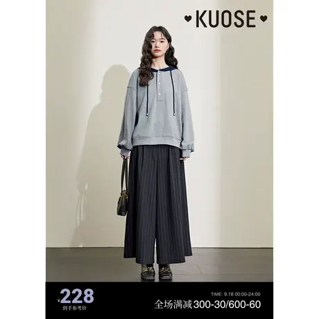 阔色撞色休闲连帽衫卫衣女2023秋冬新款宽松灰色套头长袖上衣商品大图