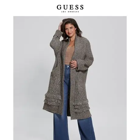 GUESS女士粗针加厚含羊毛开衫中长款无扣保暖针织外套毛衣商品大图