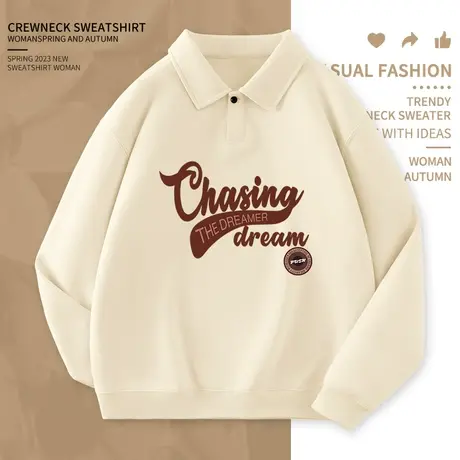 美式复古polo领卫衣女2023秋季新款百搭女款上衣宽松无帽翻领外套商品大图