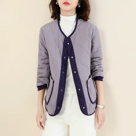 韩潮袭人气质v领撞色棉服外套女2023冬新款显瘦保暖轻便棉衣棉袄图片
