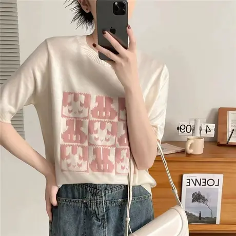 冰丝针织衫短袖t恤女2023年新款夏季宽松正肩半袖上衣潮体恤薄款图片