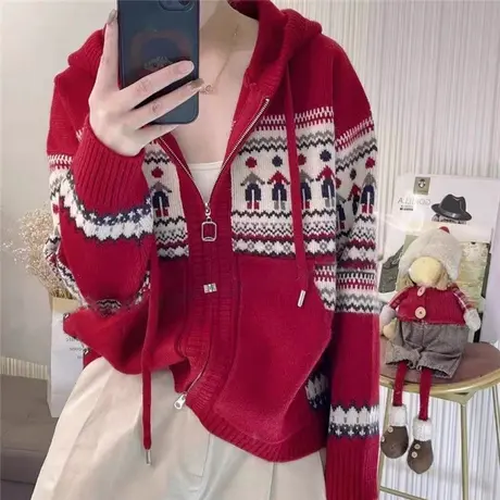 女装新品复古半连帽毛衣女款2024新款秋冬爆款冬季针织开衫衫外穿图片