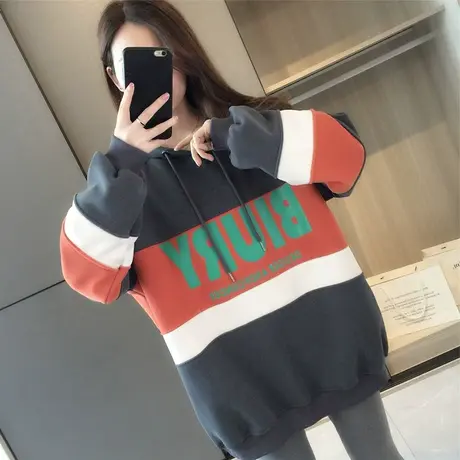 秋冬新款宽松慵懒风连帽卫衣女加绒加厚ins潮中长款上衣外套商品大图