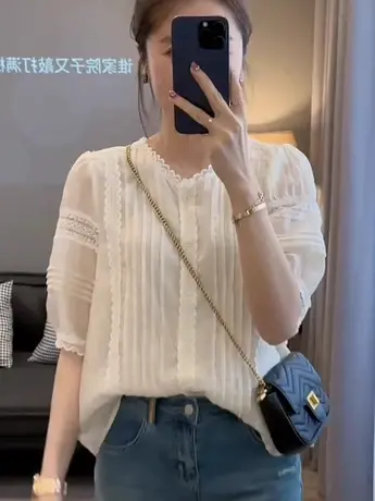 高级感蕾丝花边短袖衬衫女夏韩版宽松法式上衣时尚气质小衫白衬衣商品大图