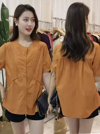 褶皱收腰棉衬衫女2023夏季新款设计感上衣圆领短袖宽松百搭衬衣潮图片