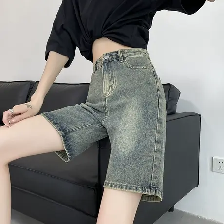 美式复古五分牛仔裤女夏季薄款高腰显瘦宽松做旧小个子5分中裤子商品大图