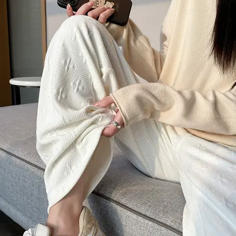米白色雪尼尔阔腿裤女2024年秋冬新款高腰直筒宽松显瘦休闲拖地裤商品大图