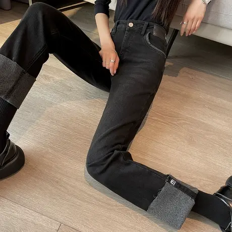 黑色直筒牛仔裤女2023冬季新款高腰显瘦小个子加绒九分卷边烟管裤图片