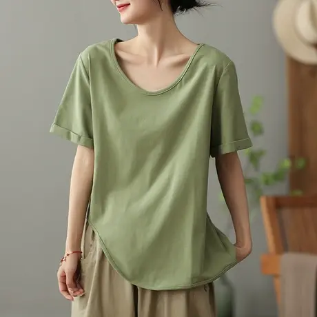 dza 复古不规则纯棉短袖T恤女2023夏薄款V领体恤宽松显瘦打底上衣商品大图