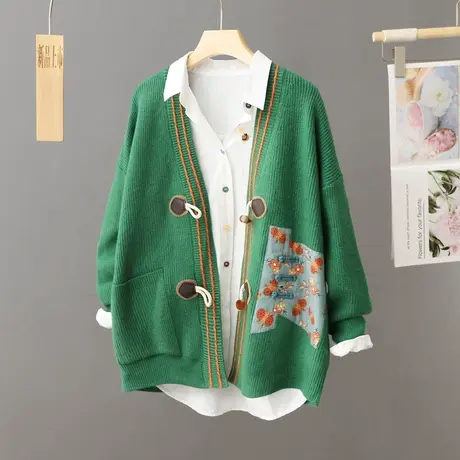 秋冬新款V领牛角扣针织开衫女长袖宽松慵懒风毛衣外套女装厚上衣图片