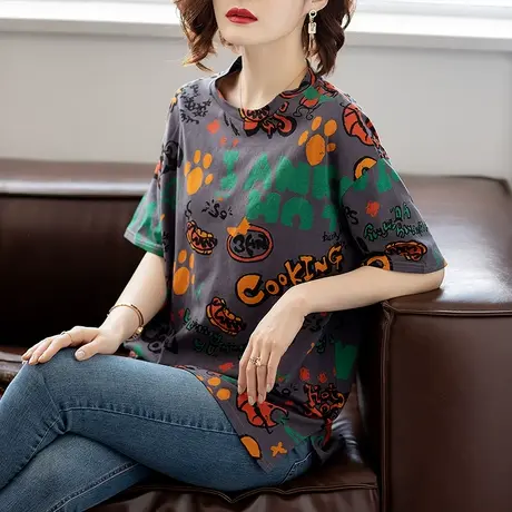 短袖t恤女夏季新款加肥加大码女装宽松纯棉中长款遮肚子显瘦体恤商品大图