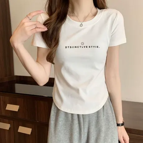 正肩修身短款圆弧形下摆短袖t恤女2023夏季新款高腰小个子上衣ins商品大图