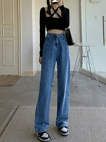 清仓捡漏韩系百搭高腰直筒牛仔裤女2023年春秋宽松阔腿裤设计感商品大图