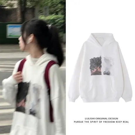 连帽衫vintage白色卫衣女秋冬慵懒风bf宽松ins潮高街单穿嘻哈外套商品大图