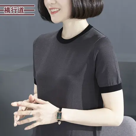 圆领撞色短袖针织上衣2025新款夏装纯色宽松大码妈妈装半袖女上衣商品大图