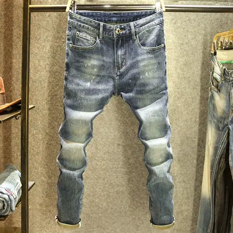 个性潮流复古蓝色牛仔裤男款弹力修身小脚裤潮牌手工漆点时尚长裤商品大图