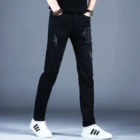 男士秋冬新款牛仔裤男款修身小脚裤子烫钻潮牌潮流2023新款休闲裤商品大图