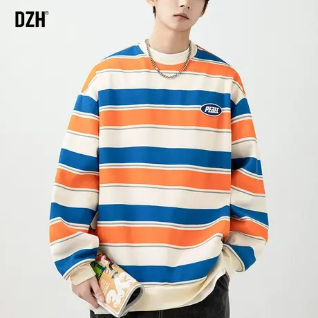 青少年撞色条纹卫衣男宽松圆领春秋上衣2023年新款日系慵懒风外套商品大图