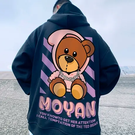 小熊卫衣男潮牌大码拉链开衫情侣国潮加绒加厚胖子外套连帽潮春秋图片