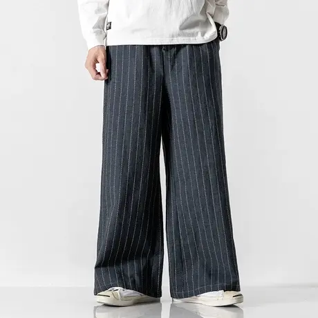 男士传统中国风棉麻条纹休闲裤宽松禅修大脚长裤直筒居士阔腿裤图片