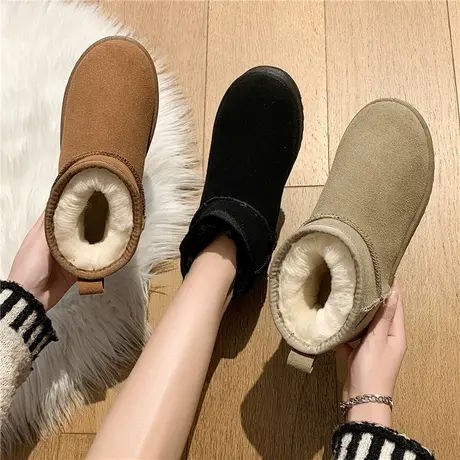 短筒雪地靴女加绒加厚保暖防滑2024冬季新款平底懒人一脚蹬棉鞋子图片