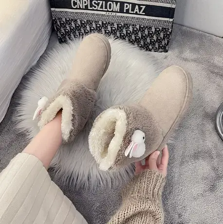 ins时尚雪地靴女低帮小兔子仙女风加绒保暖短筒防滑棉靴2023冬款图片