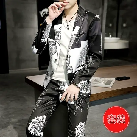 夜场个性花西服男士韩版社会小伙帅气秋装发型师潮流小西装一套装图片