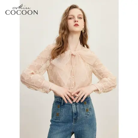 【秋上新】missCOCOON蝴蝶结蕾丝上衣2023秋装新款女绣花长袖衬衫商品大图