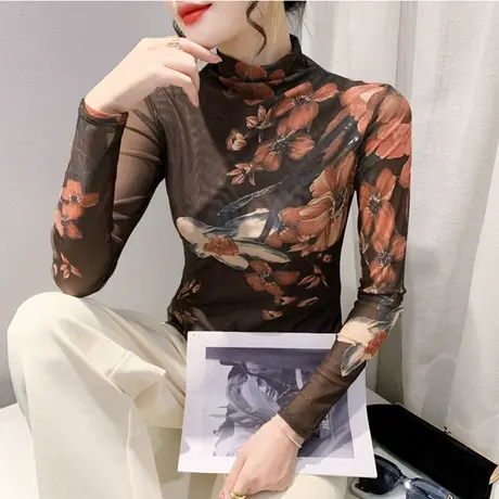 气质印花半高领长袖打底衫网纱印花内塔上衣女T恤加绒秋冬新款潮商品大图