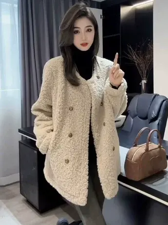 欧货加厚羊羔毛外套女冬新款2023复古休闲纯色宽松双排扣保暖上衣商品大图