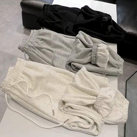 纯色简约风高腰阔腿休闲长裤女2023新款冬季加绒加厚运动哈伦卫裤商品大图