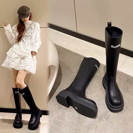 圆头长筒靴女长靴2024年新款秋冬小个子不过膝长靴粗跟厚底骑士靴商品大图