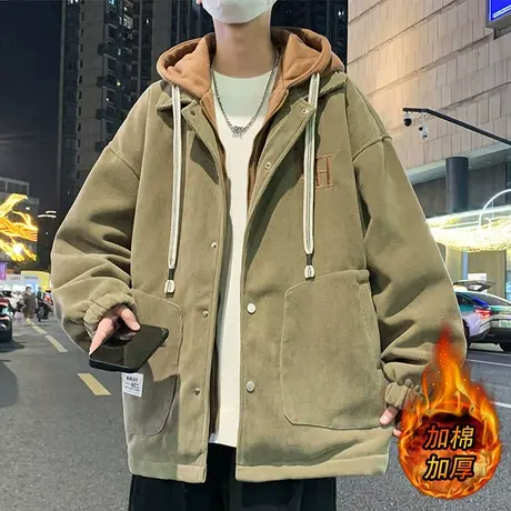 灯芯绒外套男秋冬款加棉加厚潮牌连帽假两件保暖冬装青少年夹克衫商品大图