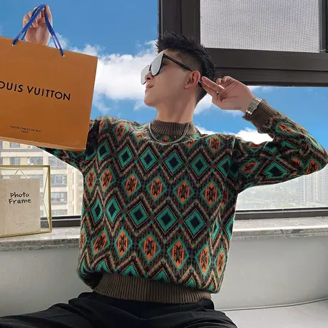 秋冬季花色毛衣男长袖打底衫内搭线衣2022新款花色上衣潮牌针织衫商品大图