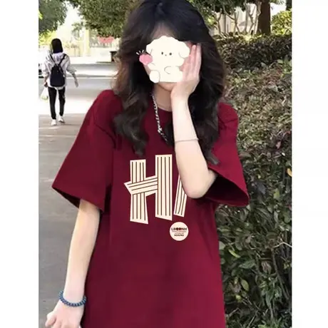 本命年酒红色短袖t恤女纯棉2024早春新款宽松设计感小众潮牌上衣商品大图