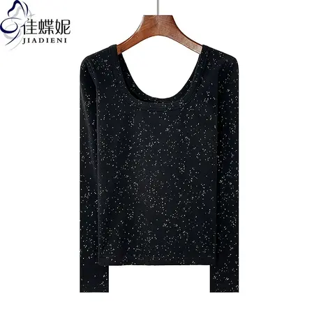 冬季新款韩双U领修身纯色双面德绒烫金亮片长袖体恤上衣女打底衫图片